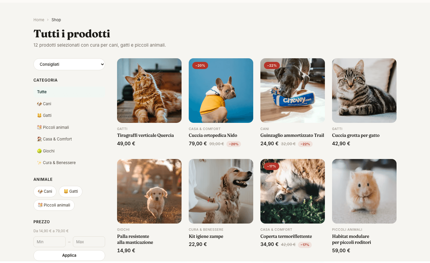 Pagina catalogo del sito Pawtner: griglia di prodotti per animali con filtri per categoria, animale e prezzo.