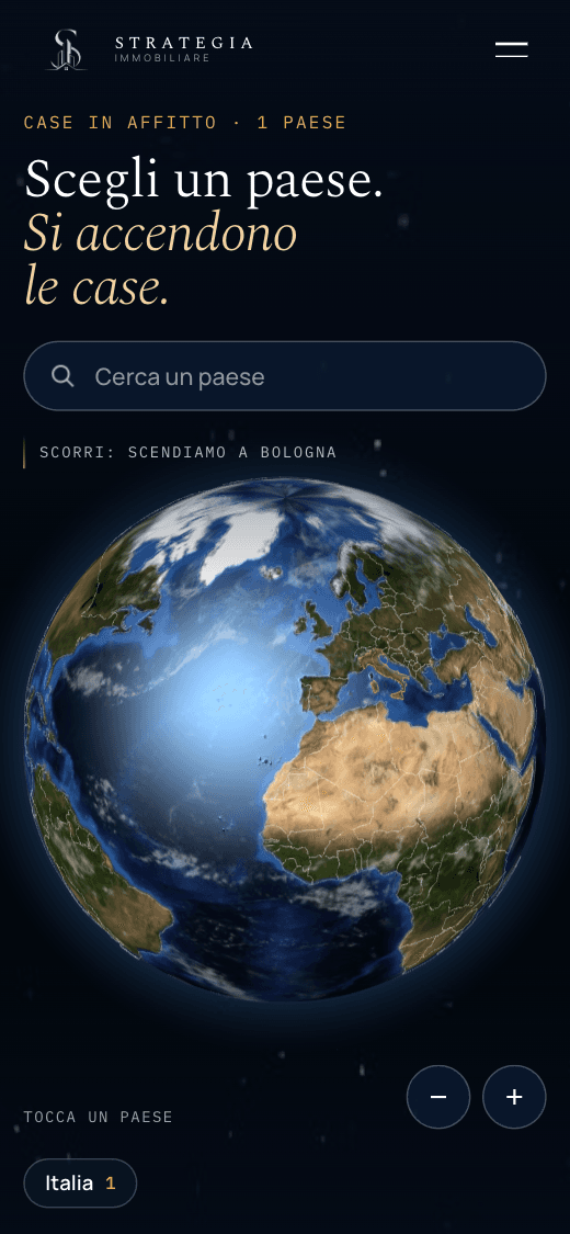 Lo stesso sito su telefono, con la Terra e la ricerca del paese.